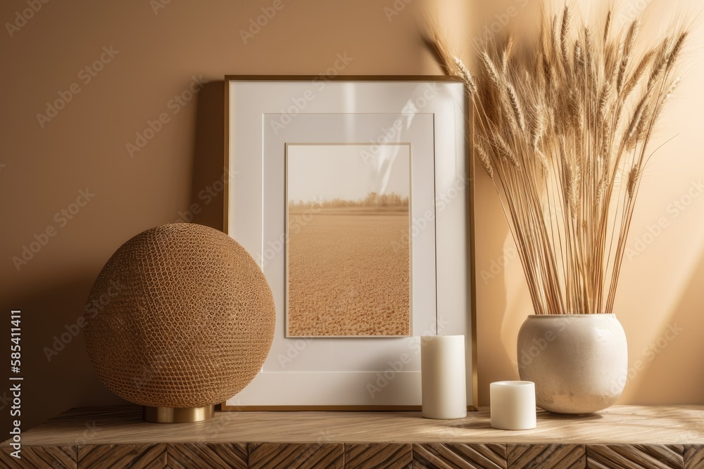 Boho style square frame mockup with dried grass on empty beige wall. Generative AI