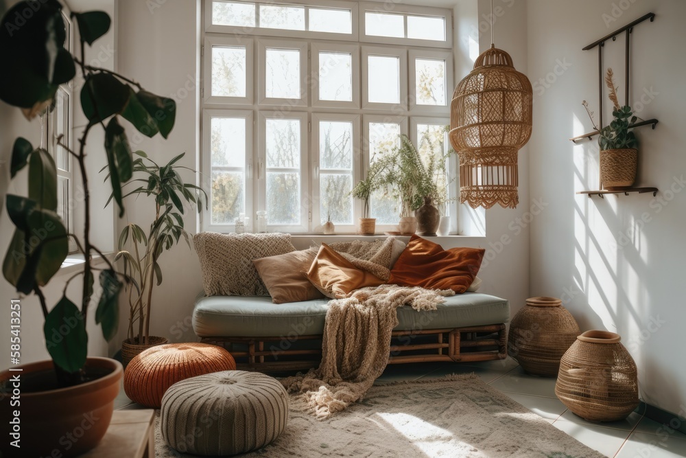 Bohemian living room with morning light on couch, cushions, home décor, and green against window on 