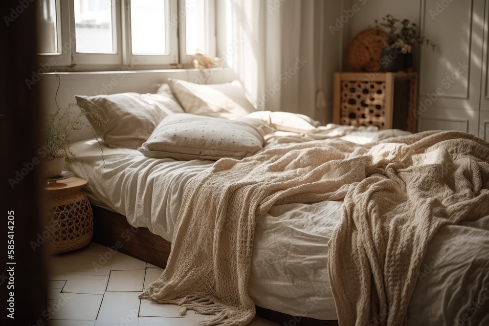 Unmade bed with cotton boho blanket in comfortable basic bedroom. cotton bedding. home coziness, com