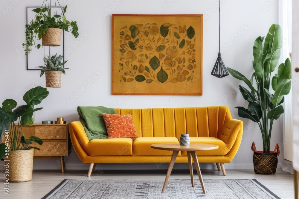 Retro living room with mock up poster frame, yellow velour couch, plants, wooden commode, coffee tab