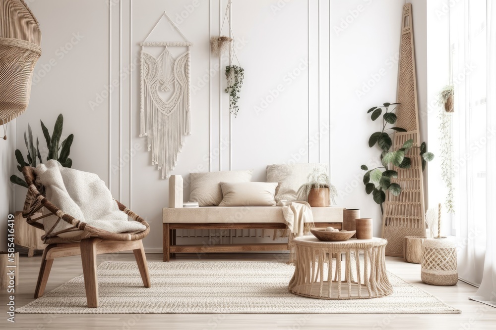 White living room wall. Scandi boho interior mockup. Free place to copy your photo, text, or design.