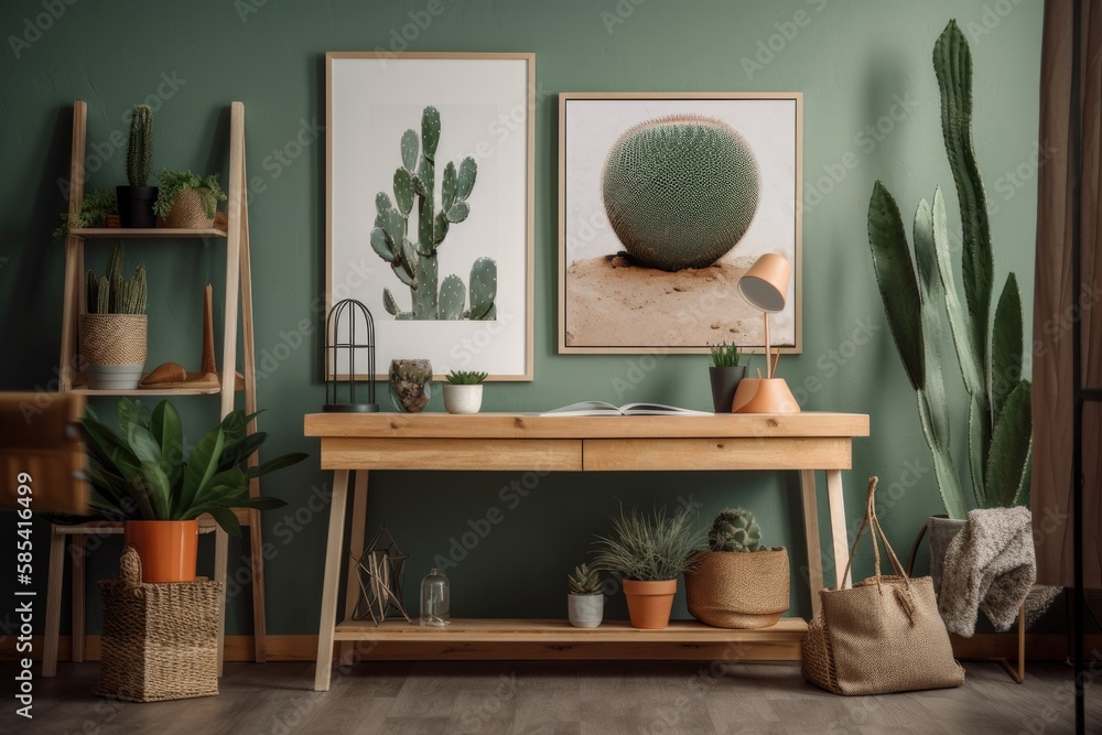 Styled living space with imitation poster frame, structural painting, succulents, and personal acces