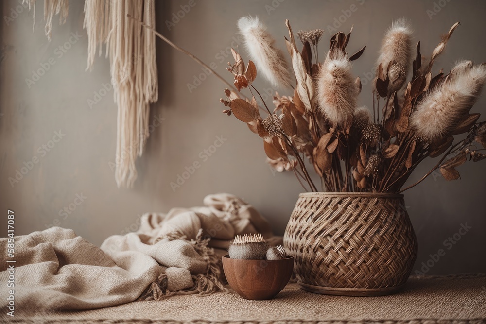 Dried protea flowers in clay vase, pampas grass, wicker basket, boho rug on beige linen fabric. Bohe