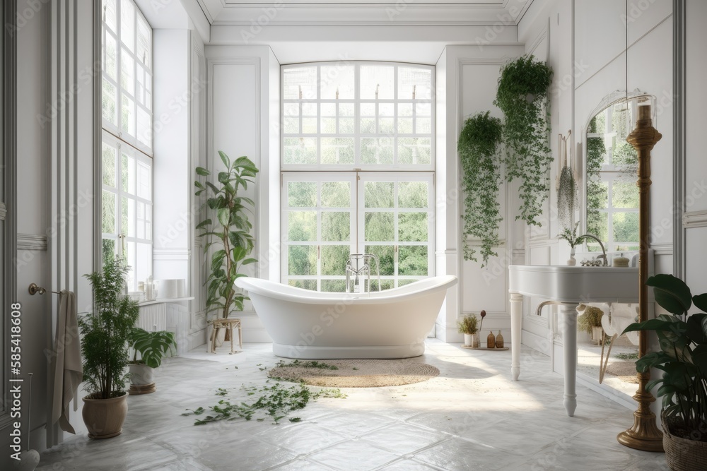 White classic freestanding bathtub, huge windows, contemporary fireplace, and green houseplants in l