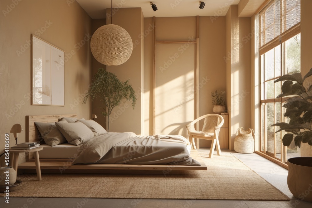 Japandi farmhouse bedroom. Beige apartment with natural wood furnishings and dry plants. Illustratio