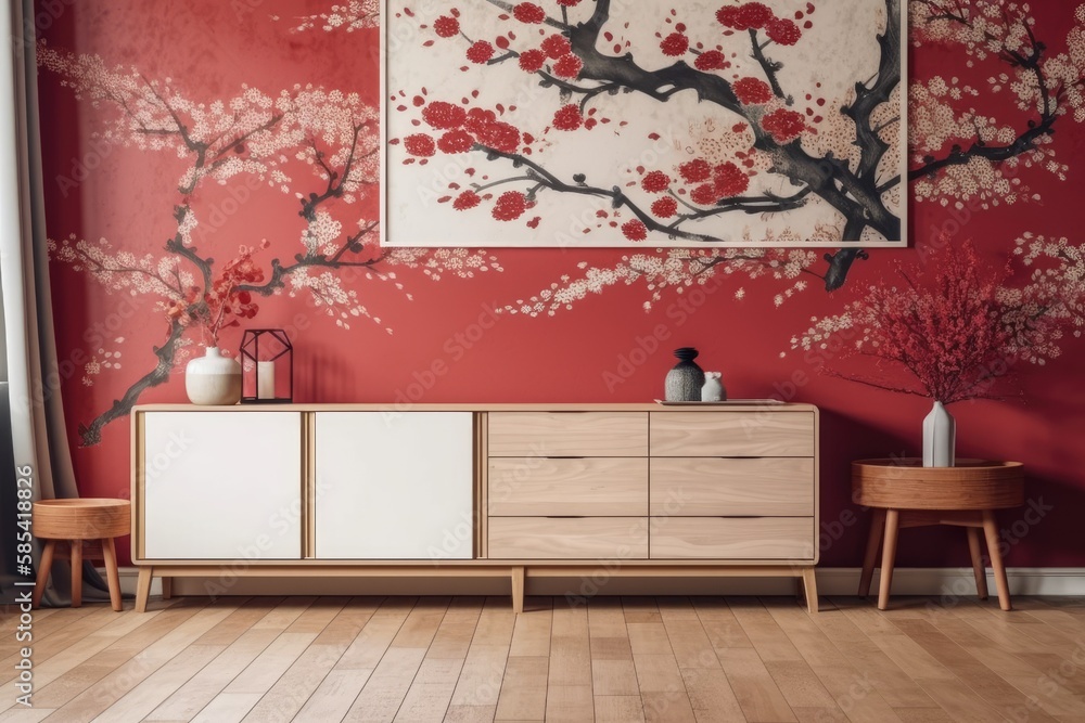 White and red Japanese living room. Hardwood dresser with frame prototype. Wallpaper, parquet. Moder