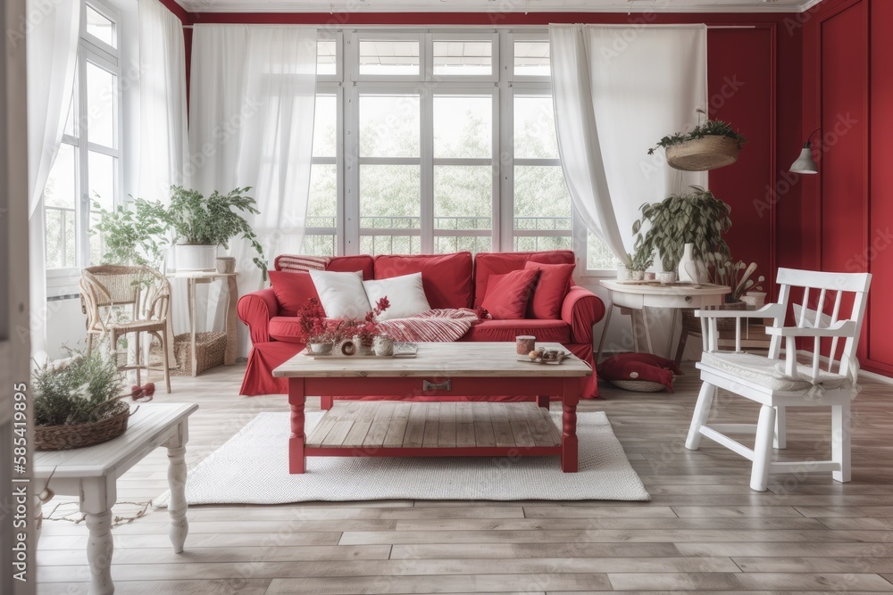 White and red wooden farmhouse living and dining room. Cloth couch, table, chairs, and décor. Modern