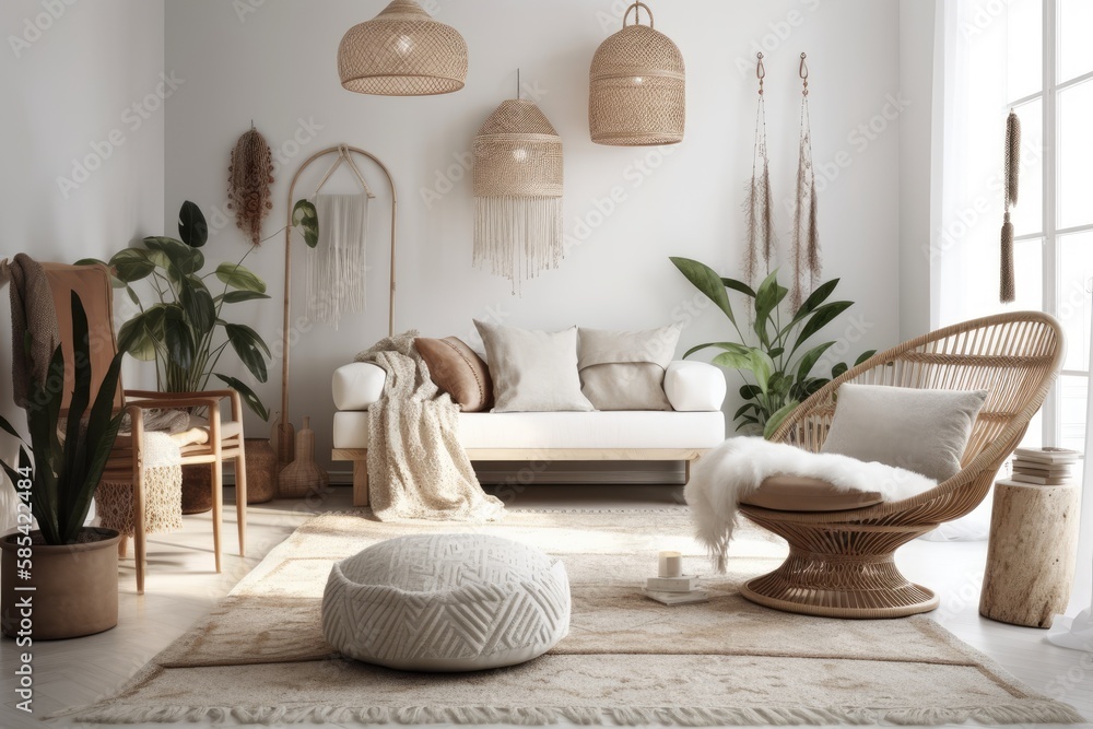 Boho living room with white wall, wicker chair, couch, table, and pampas in pot. Generative AI