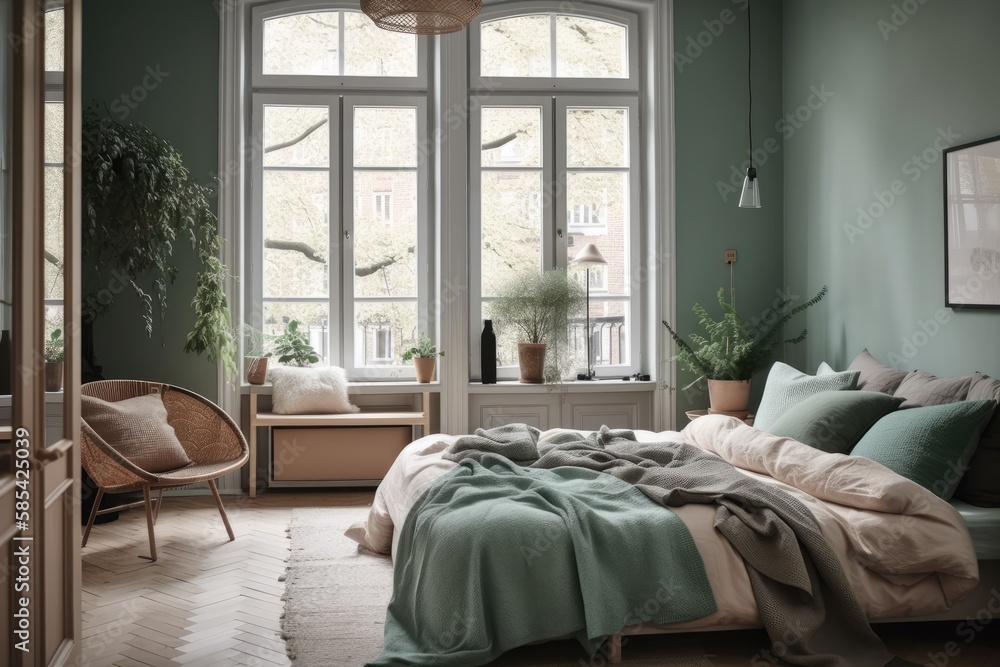 Danish bedroom with mint and beige bed,. Generative AI