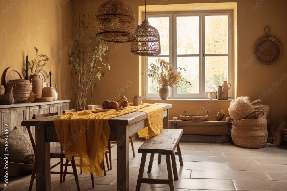 Yellow beige farmhouse dining room with wooden table and chairs. Plaster walls, bohemian decor,. Gen