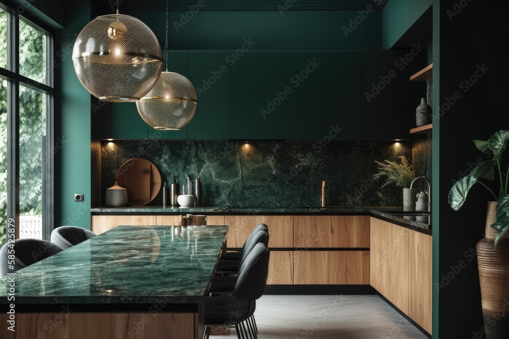 Luxurious kitchen nook with dark green wall. Generative AI