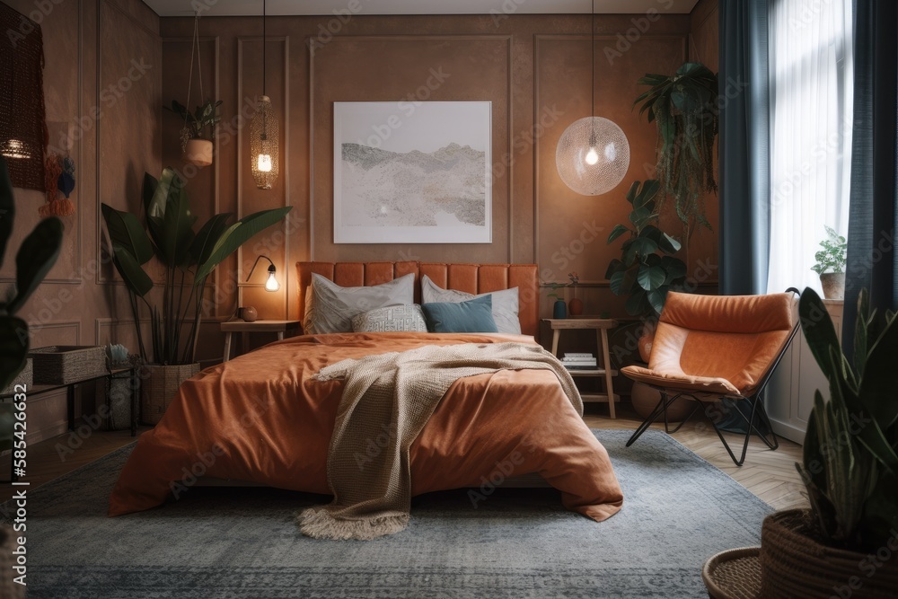 Bedroom with leather armchair and stool, night table, pendant light, indoor plant, blue carpet, and 