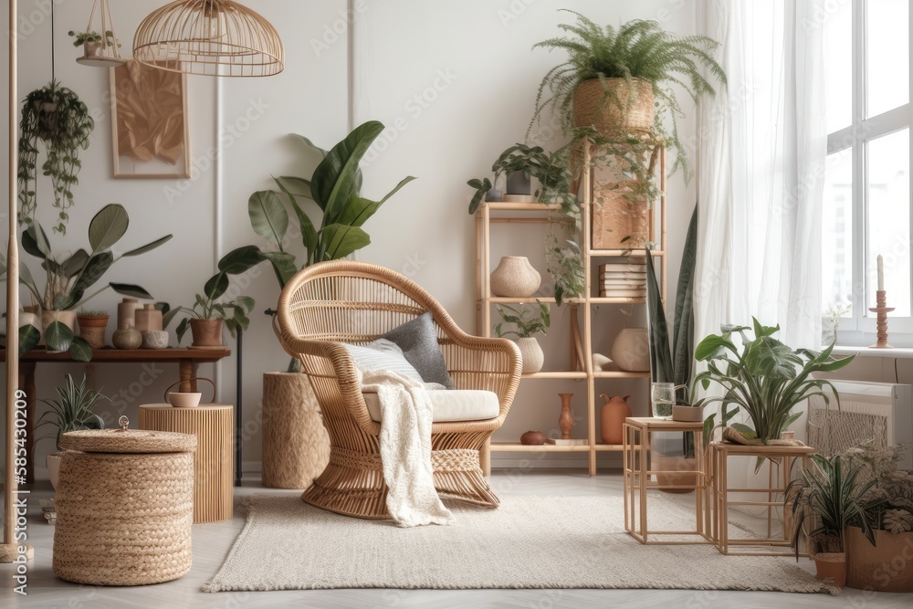 Bohemian apartment interior design with rattan armchair, gray couch, cube, flowers, macrame, bamboo 