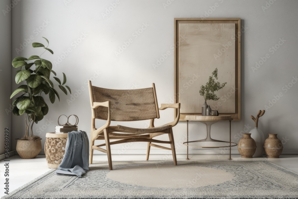 Scandinavian living room mockup, wooden chair on empty white backdrop, basic design,. Generative AI