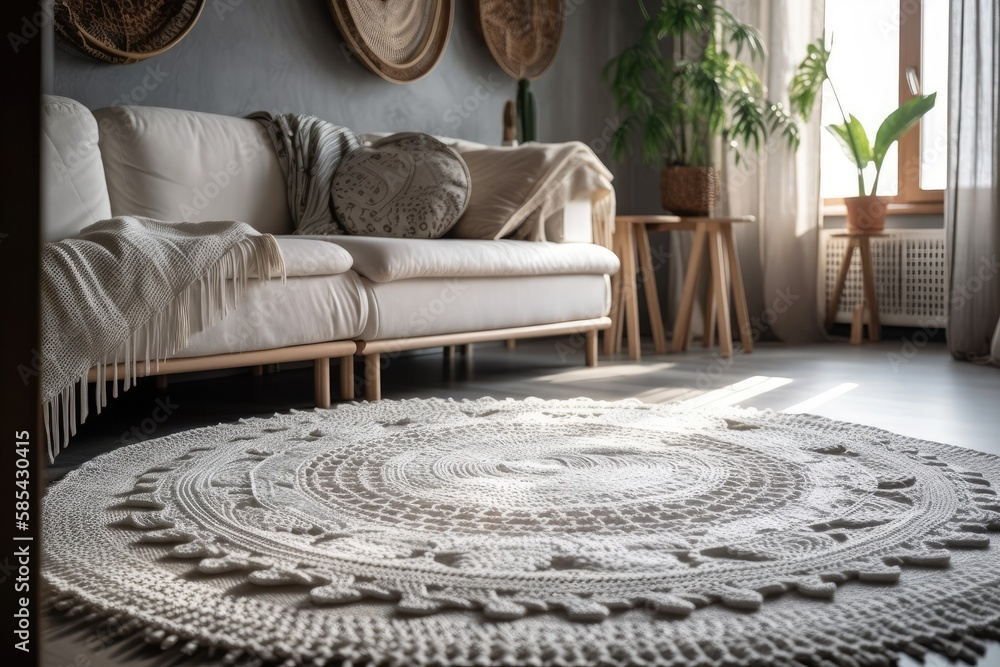 circular white crocheted rug near gray couch with cushions in bohemian interior. Generative AI