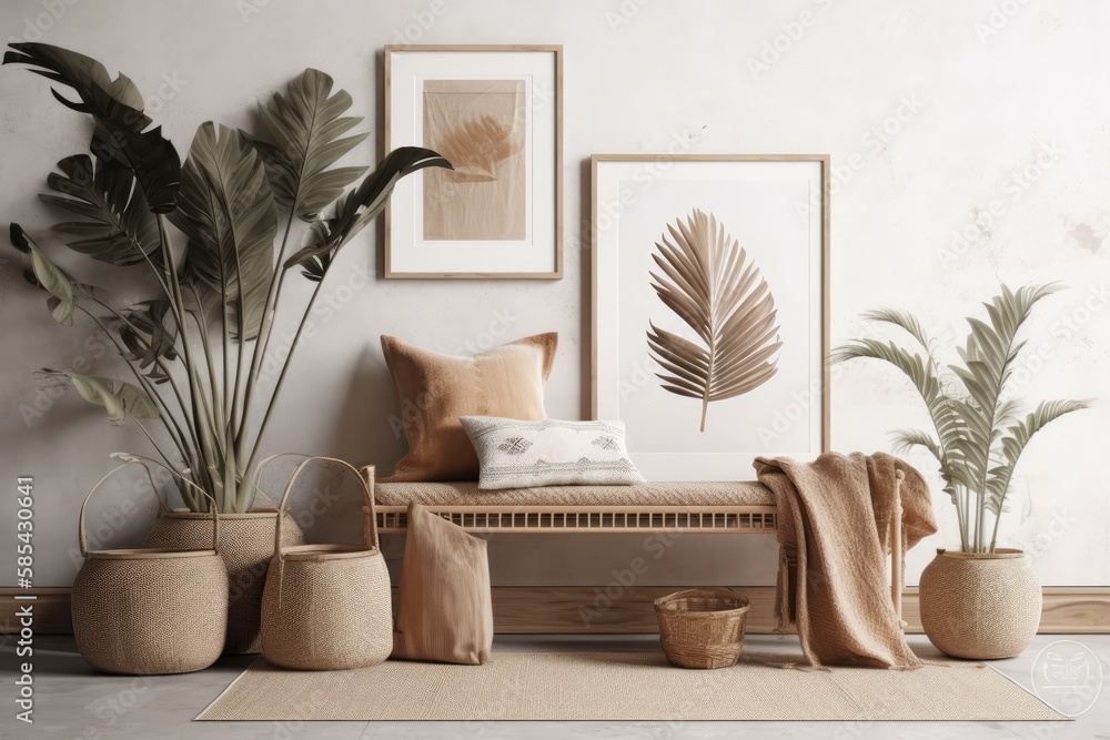 Mockup poster in Scandinavian decor with seat, baskets, and palm branches in pots. Generative AI