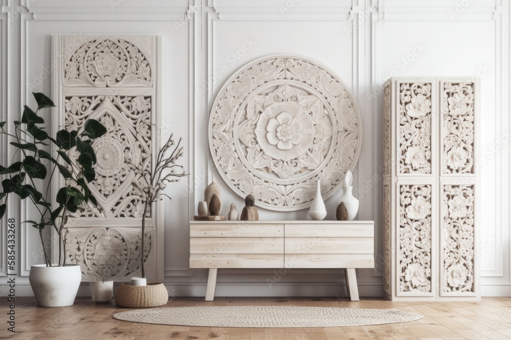 White wooden bohemian interior background with ornamental cabinet. Generative AI