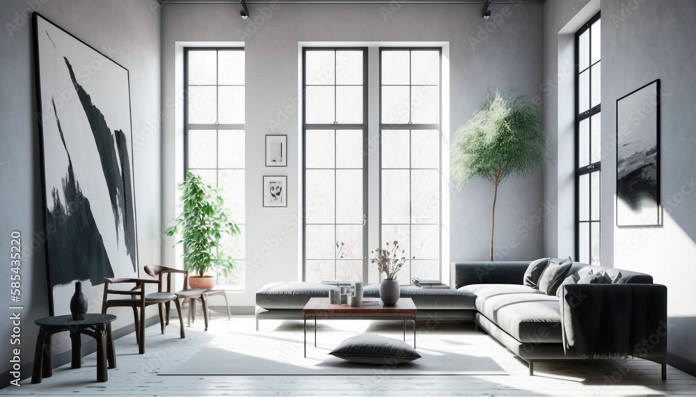  A living room with a large window and a couch with a plant on it, generative ai