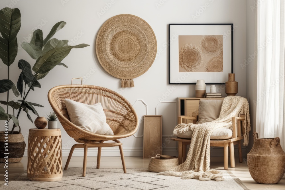 Scandi Boho style mockup frame in beige room with natural wooden furnishings. Generative AI