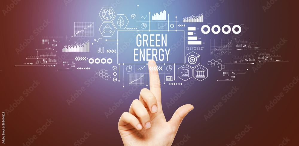 Green Energy concept with hand pressing a button on a technology screen