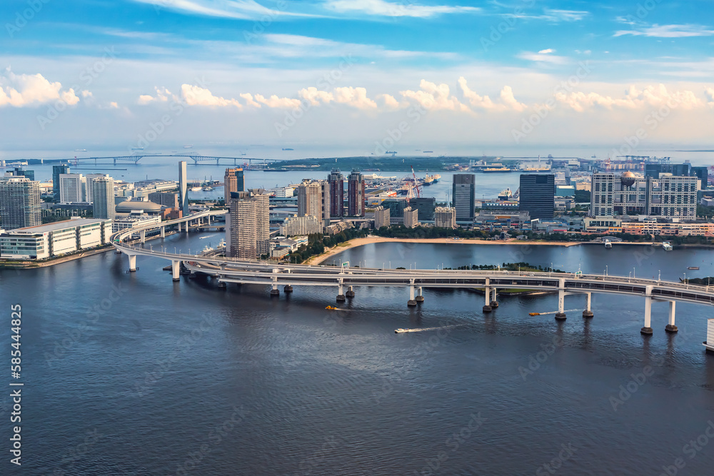 Aerial view of the Rainbow Bridge in Odaiba, Tokyo, Japan