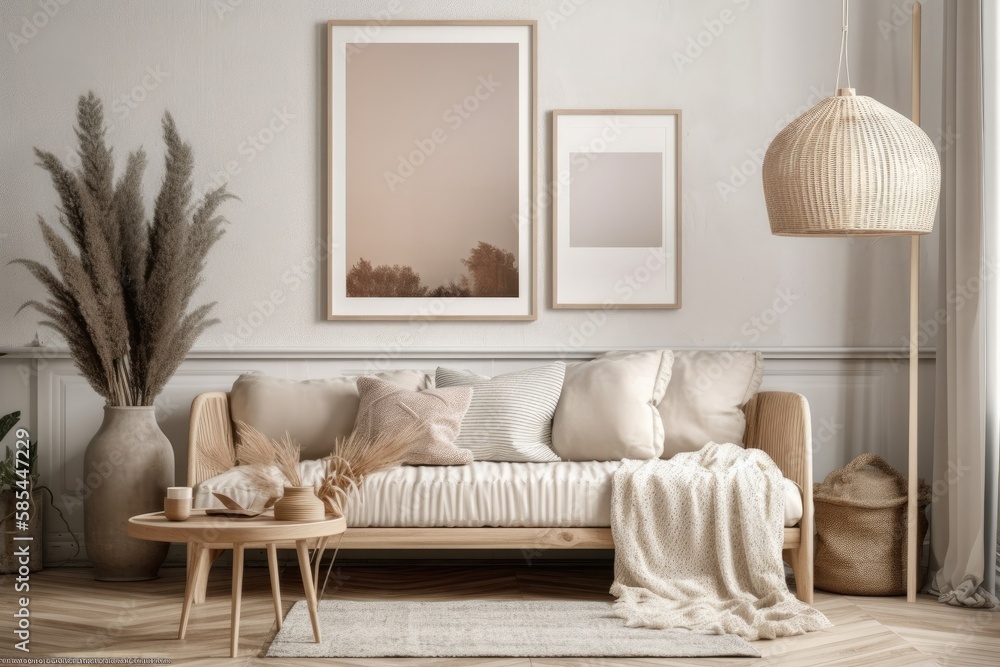 Scandi Boho mockup frame on interior background, soft pastel hues. Generative AI