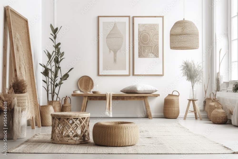 Scandi Boho mockup frame in white room with natural wooden furnishings. Generative AI