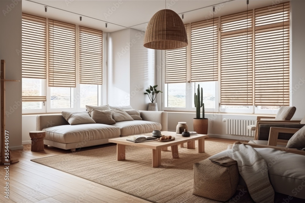 Beige toned wooden living room. Carpets, cushions, venetian blinds, and fabric couch. Simple interio