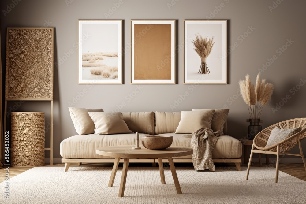 Two wooden vertical frames mockup in living room interior with gray couch, beige cushion, dried Pamp