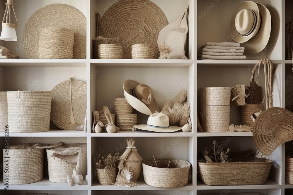 White basket shelving. Seagrass, cloth, and wicker baskets for washing, toys, and cachepots. Styled.