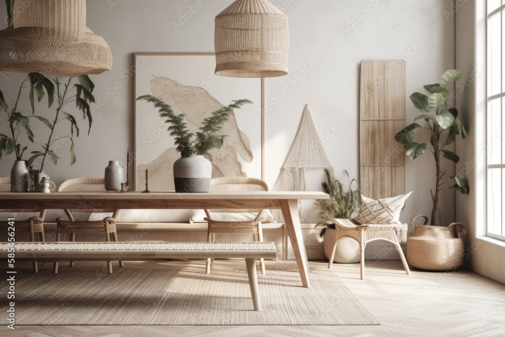 Wall mockup in white Scandi Boho decor with wooden furnishings. Generative AI