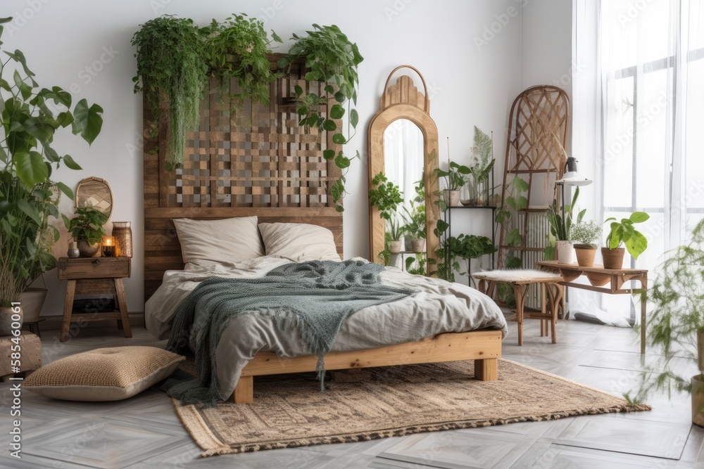 Classy home and apartment idea. Bohemian bedroom with comfy bed, cushions, tartan, green houseplants