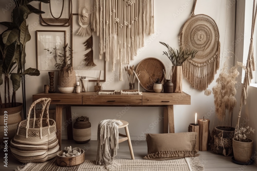 Boho living room with vase of flowers, wooden desk, beige macrame, books, and lovely decorations. De