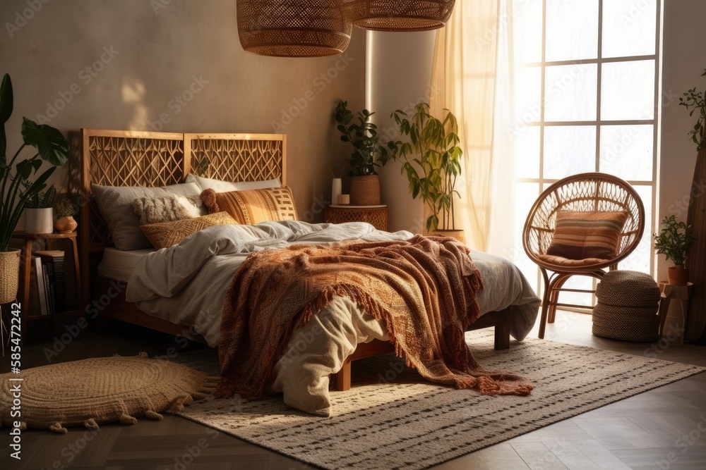 Vertical view of pleasant bed and armchair. Bohemian stylish light bedroom. Boho hotel room decor. G