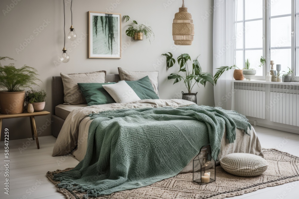 Green blanket over double bed with several pillows and grey sheets in white hotel room with simple p