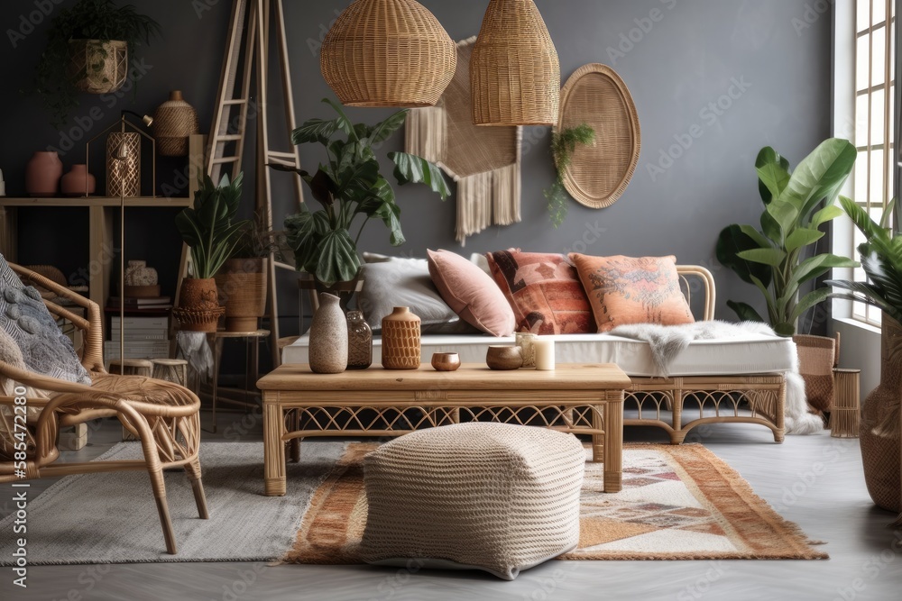 Bohemian home design with gray couch, rattan armchair, vintage footrest, plaid, cushion, tropical pl