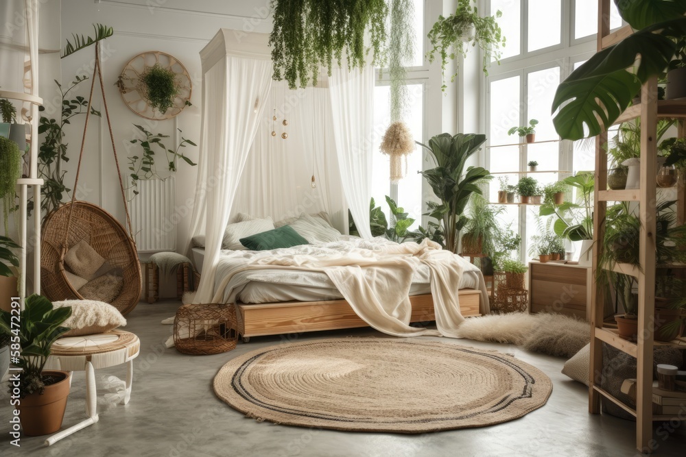 Boho urban jungle interior design. White bedroom with circular canopy bed. Colorful boho room with g