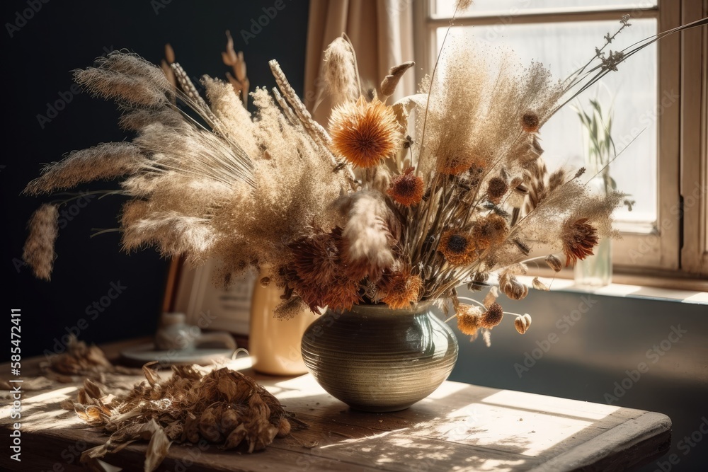 Dry flowers inside. A bouquet of dried grass decorates the space. Flower minimalist bohemian home in