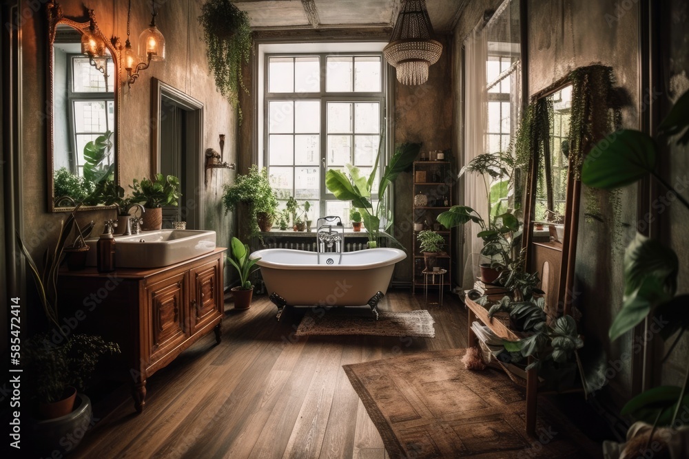 Freestanding bathtub in corner of broad light boho chic bathroom with huge window, wooden antique fu