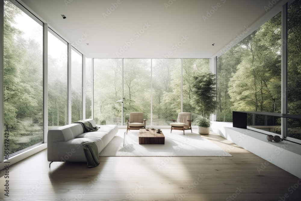 living room with dazzling white walls, breezy green forest outlook, and minimalist furniture. Genera