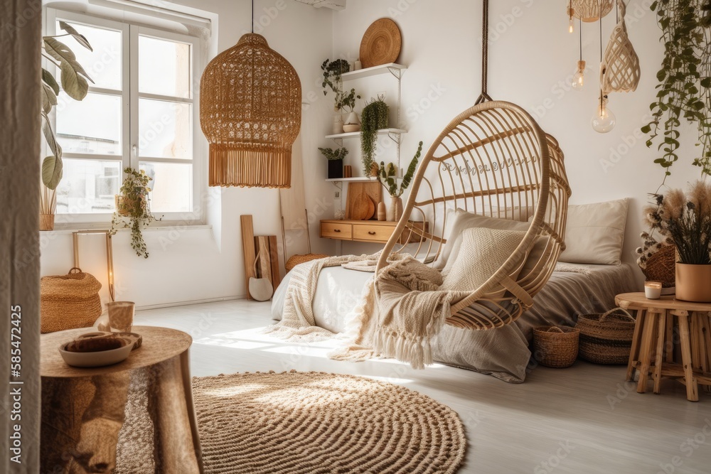 A seaside bohemian bedroom with a hanging macrame egg chair, a wood stool, and a patio and garden in