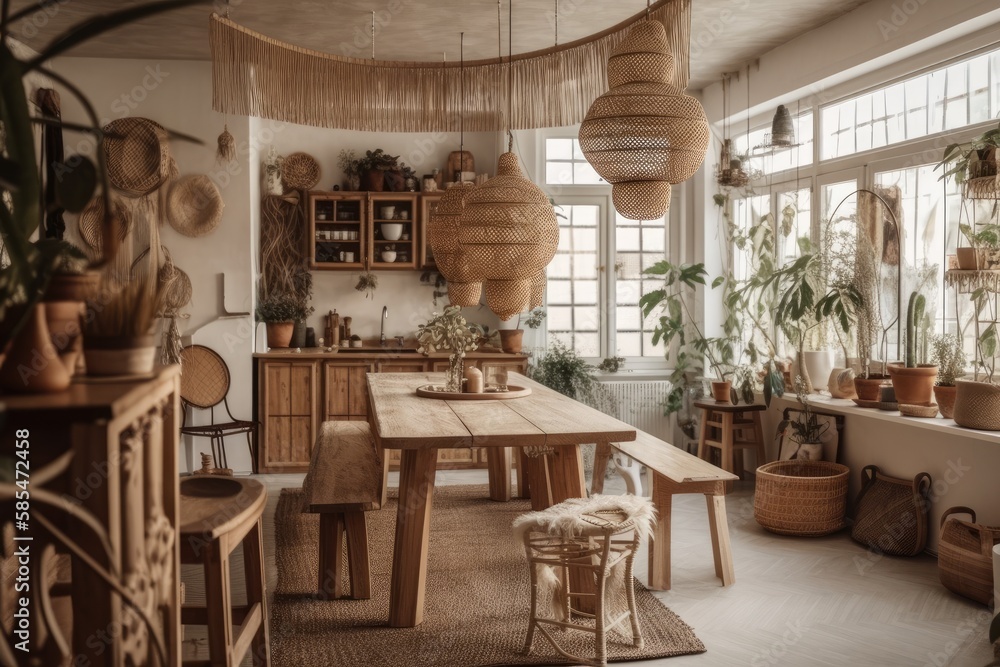 Wooden Scandinavian bohemian kitchen and dining table. White beige table setting. Bohemian country d