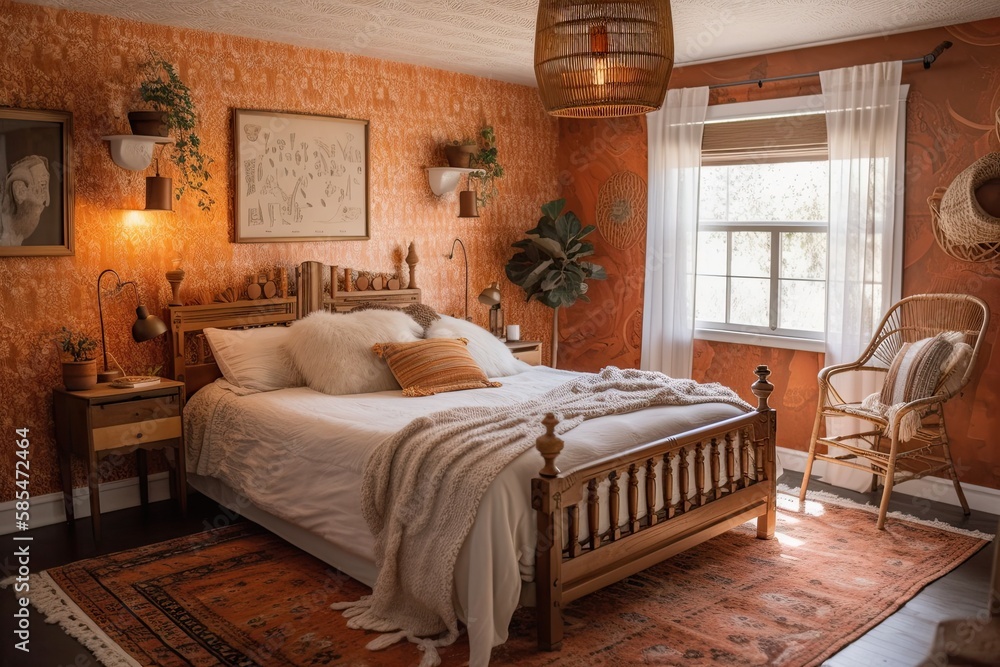 Boho chic wooden farmhouse bedroom. White orange rattan bed and furnishings. Country wallpaper, anti