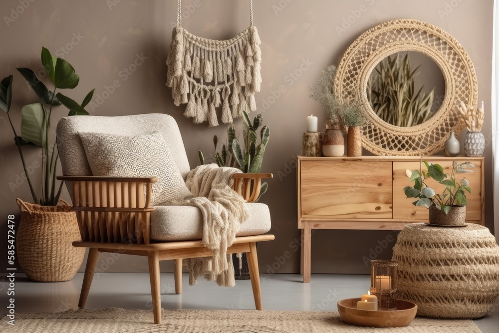 Boho living room with design armchair, wooden antique commode with mirror, vase with flowers, beige 