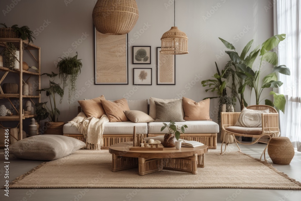 Boho chic living area with beige couch, cushions, faux poster frames, side tables, plants, bamboo la