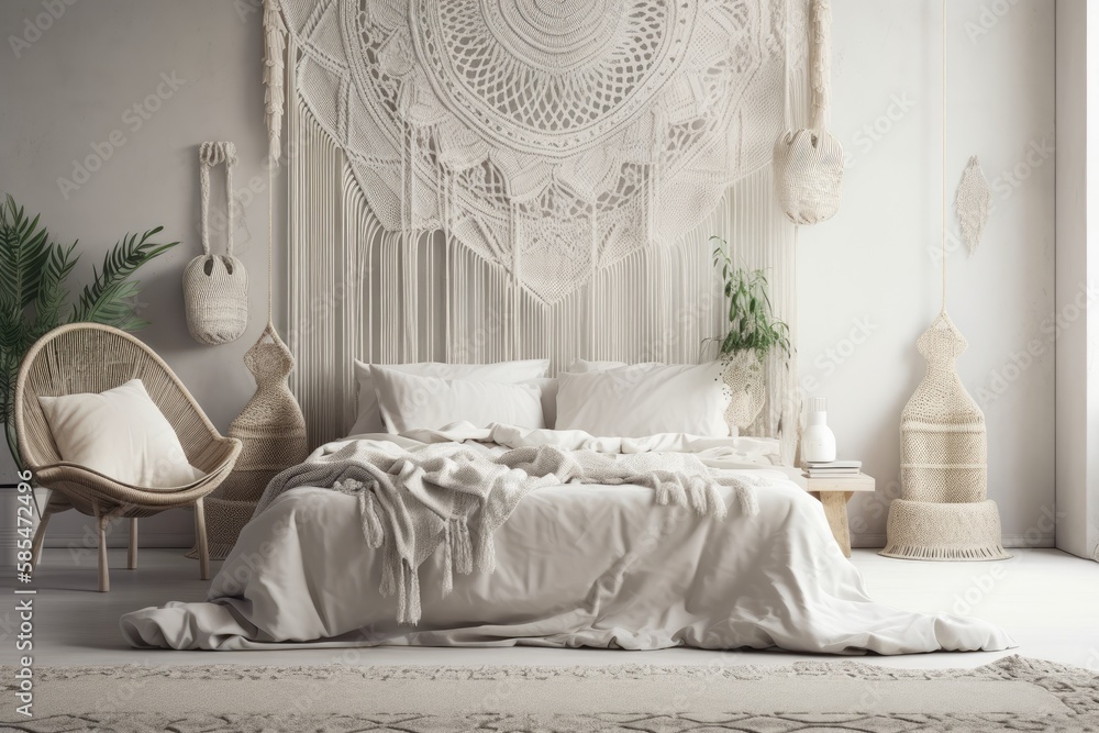 White bedroom wall. Scandi boho interior mockup. Free copy space for your image, text, or design. Ma