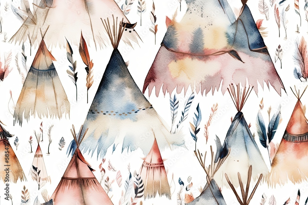 Hand drawn watercolor tribal teepee seamless design, Boho America classic native decoration wigwam m