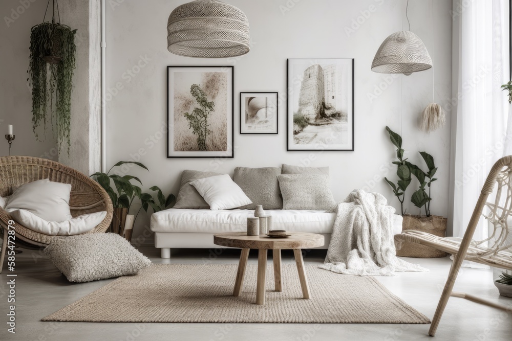 Modern Scandi Boho white decor ,. Generative AI