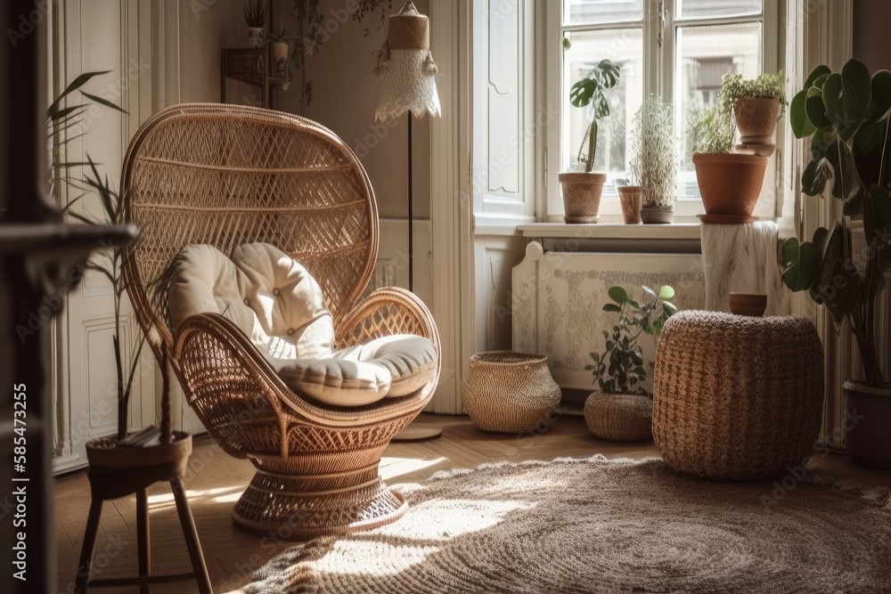 Vintage armchair and light apartment décor. Wicker baskets, crocheted cushions, living room. Generat