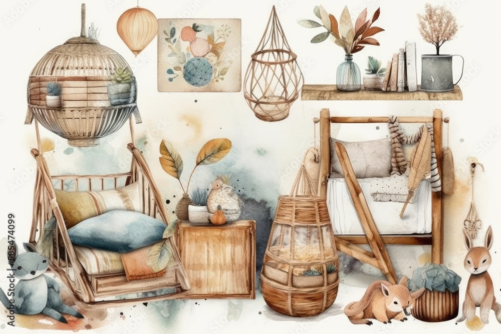 Boho watercolor nursery. Vintage kids room decor isolated on white. Generative AI